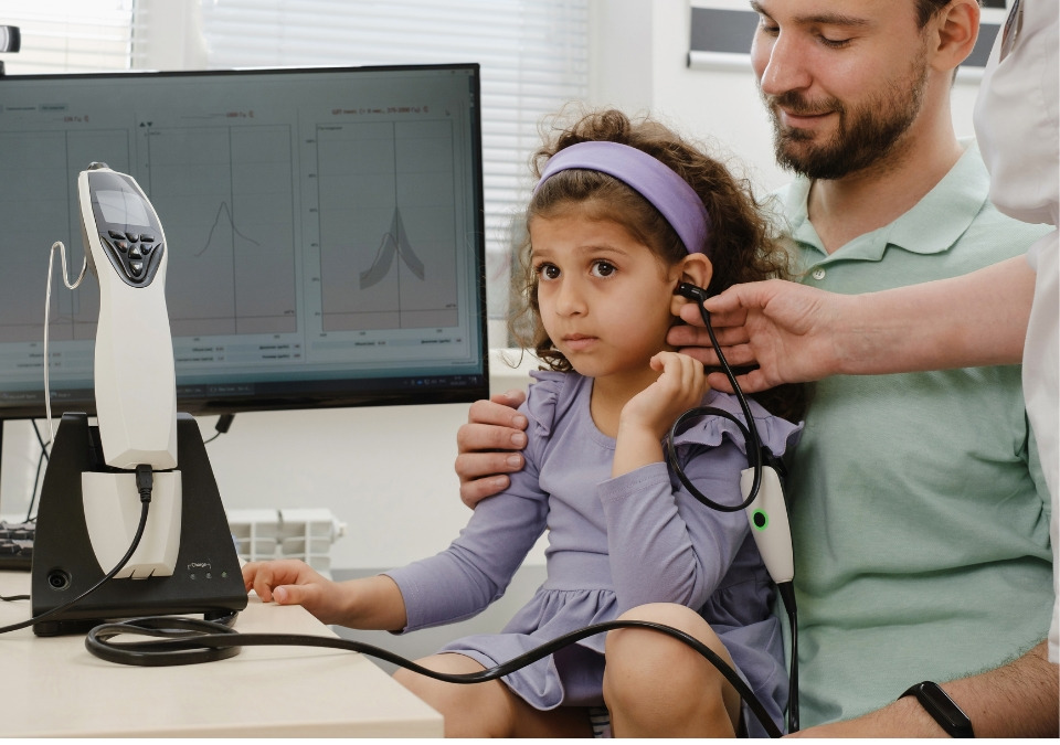 A little girl wearing a purple dress and headband sits on her father's lap and holds her hand up by her ear as she is having a hearing test done.