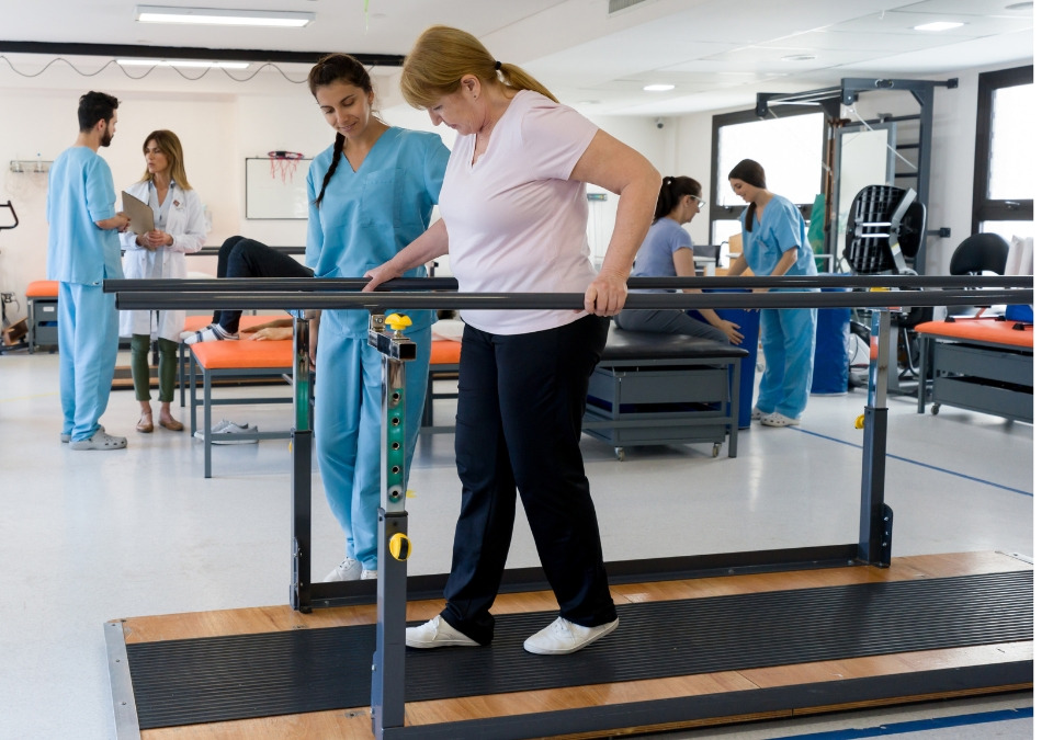 A physical therapist helping a woman to walk between parallel lines during a therapy session