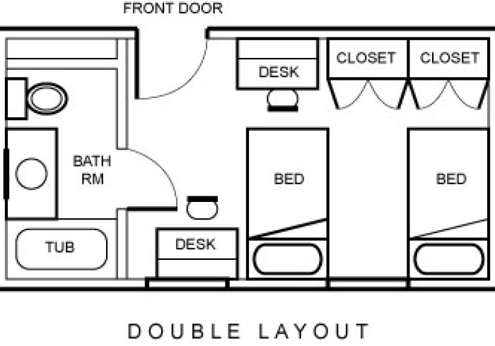 Layout of double room showing side-by-side beds and closets, desks and a bath room