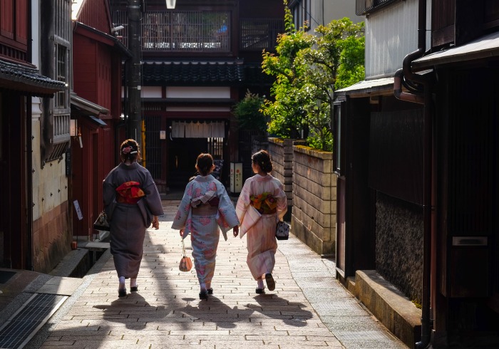 Image of people in kimonos walking down the street 