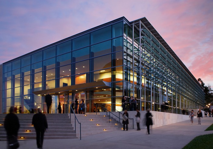 Exterior of Soka Performing Arts Center at twilight