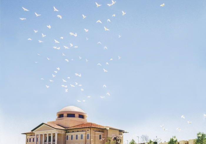founders hall with doves