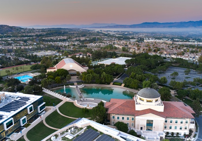 Aerial view of Soka University of America's campus at sunset