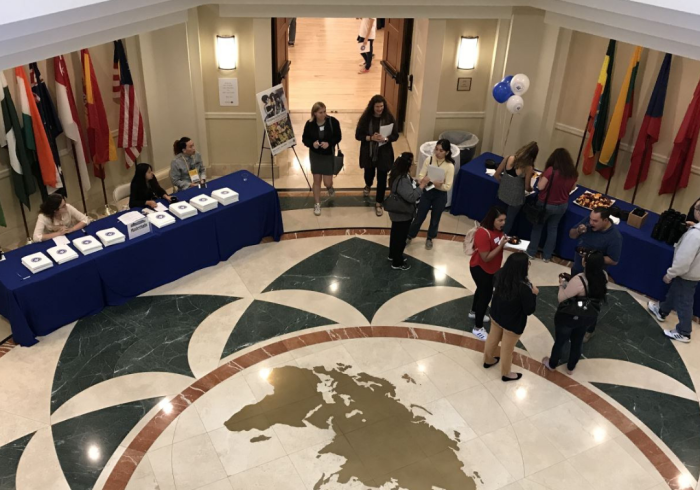 Aerial shot of people snacking in Founders Hall