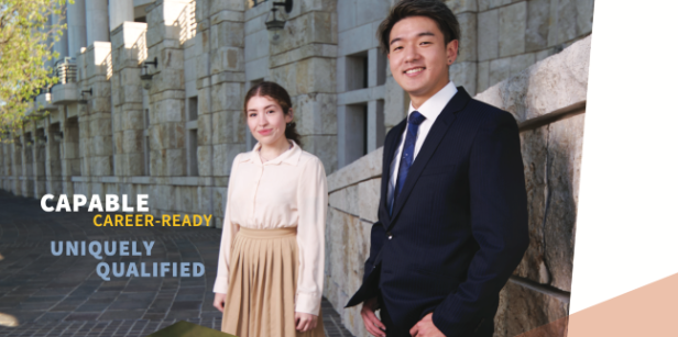 Image of two career ready Soka students standing outside Founders Hall.