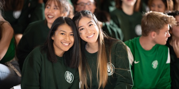 Two smiling young women in green shirts with glitter on their faces, amidst a crowd.