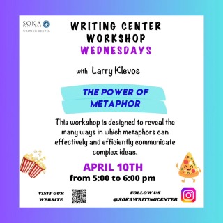 Come and enjoy our upcoming Workshop Wednesday (April 10th) 'The Power of Metaphor' led by Larry Klevos. There will be delicious pizza and popcorn as well. 

We are so looking forward to seeing you!!!😊