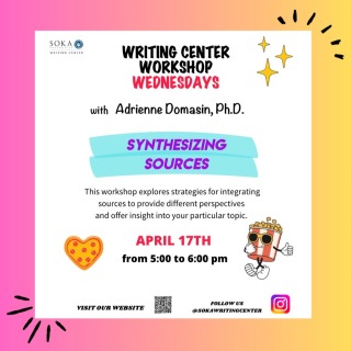 It is our LAST workshop of Spring 2024. 
Come join us in exploring strategies for integrating sources with Writing Specialist, Adrienne. 
Pizza and popcorn will be provided.
Let's have some fun together.
We are looking forward to see you :)