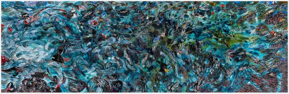 Midwestern Green/Western Blue – Blue West #1  14’ x 50”  Ink, acrylic and collage on paper  2022 