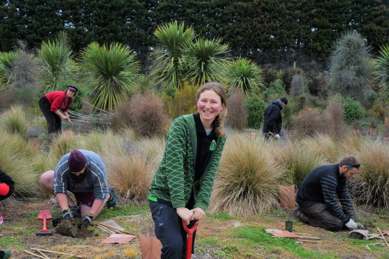 Environmental studies students working on a landscape project 