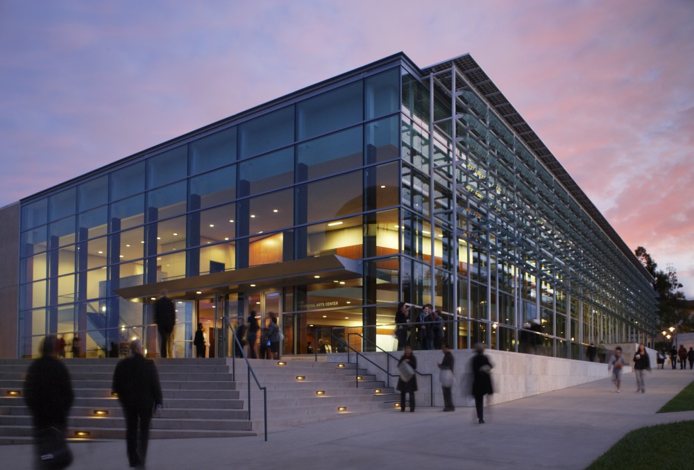 Exterior of Soka Performing Arts Center at twilight