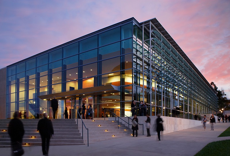 Exterior of Soka Performing Arts Center at twilight