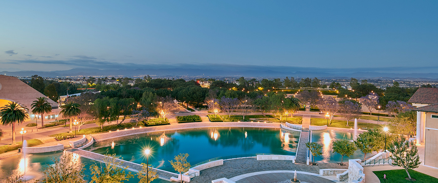 Looking down at Soka's Peace Lake at dusk