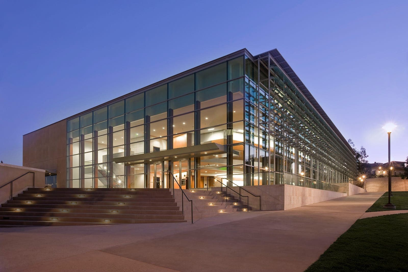 Exterior of Soka Performing Arts Center at night