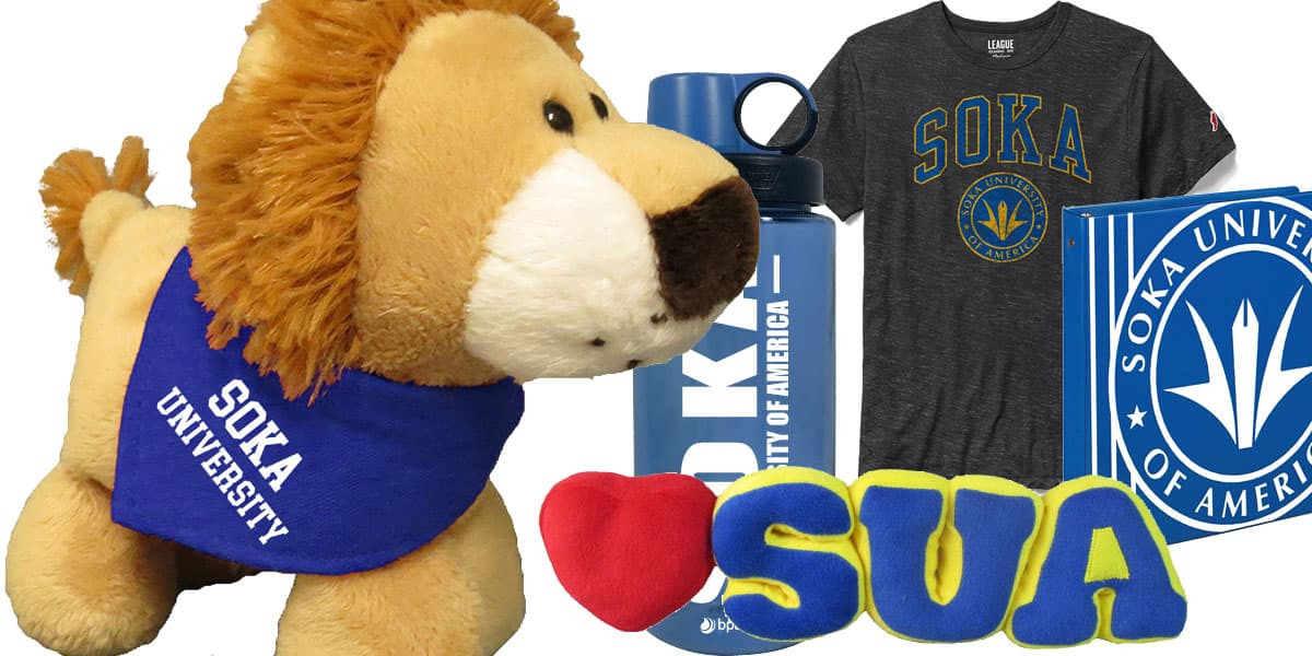 Variety of merchandise available at SUA bookstore, including a stuffed lion, water bottle and t shirt