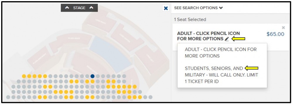 Search Options for Student, Senior and Military Discounts. Click on pencil icon to access Adult ticket or Student, Senior and Military discounts