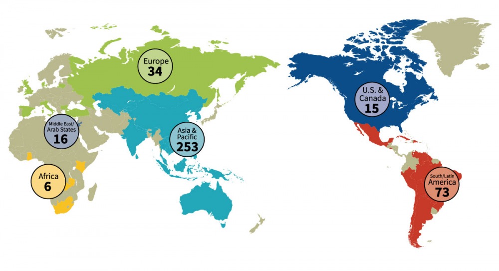 World map showing Daisaku Ikeda's honorary degrees, led by 253 in Asia-Pacific nations