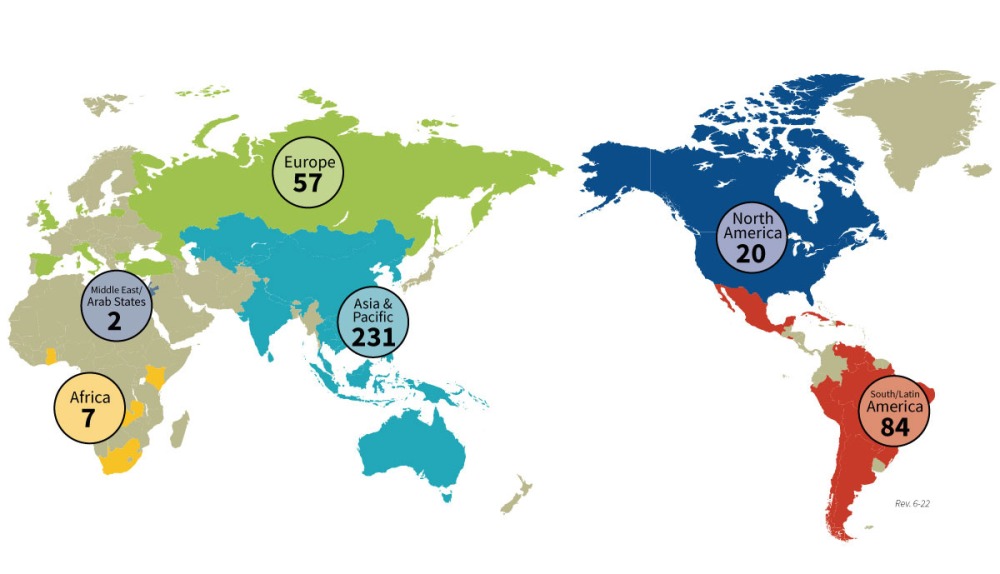 World map showing regional breakdown of Daisaku Ikeda's academic honors 