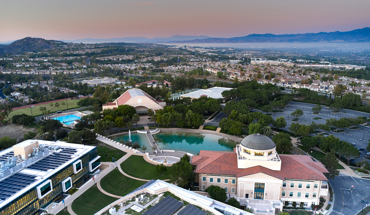 Aerial view of Soka University of America's campus at sunset