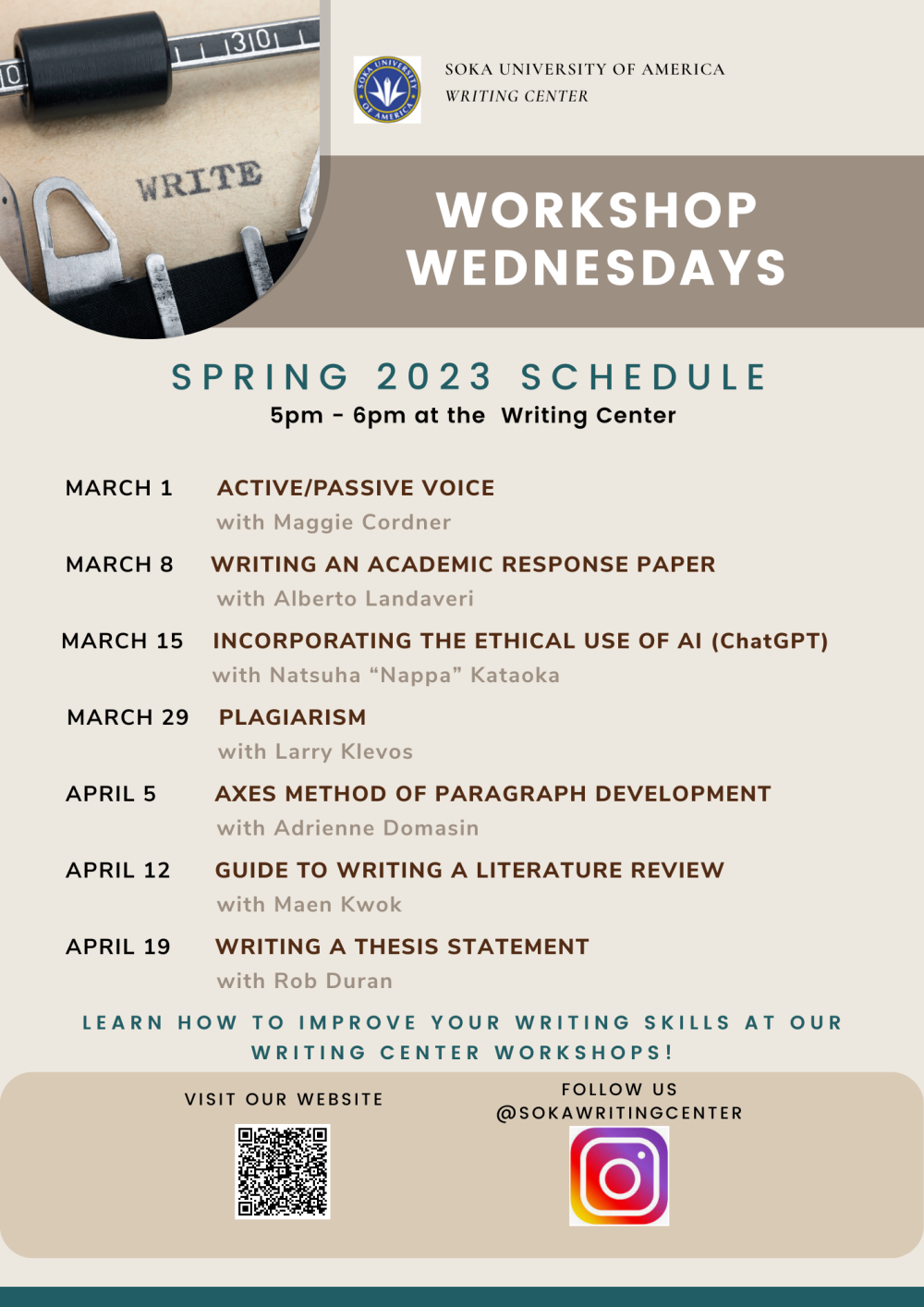 Spring 2023 Workshop Dates and Topics