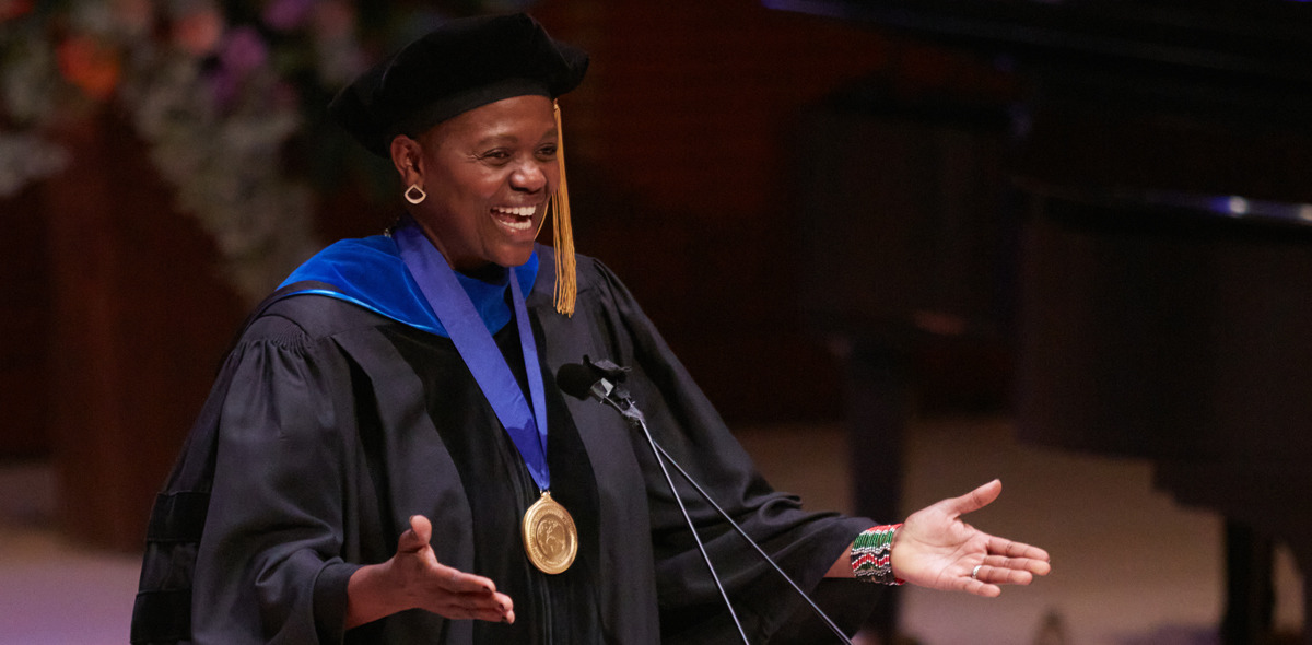 Wanjira Mathai addresses the audience during the 2023 Commencement Ceremony