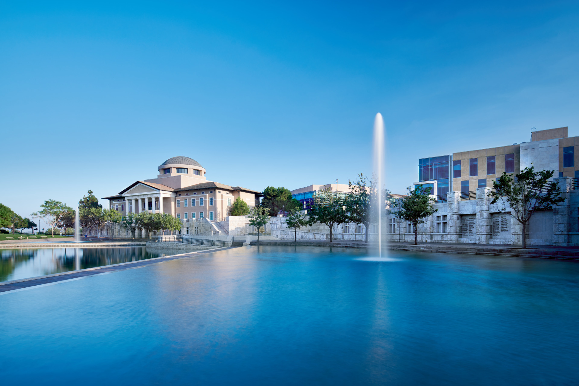 Exterior shot of Founders Hall from across Peace Lake