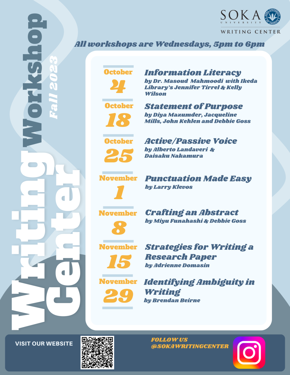 October 4: Information Literacy; October 18: Statement of Purpose; October 25: Active/Passive Voice; November 1: Punctuation Made Easy; November 8: Crafting an Abstract; November 15: Strategies for Writing a Research Paper; November 29: Identifying Ambiguity in Writing