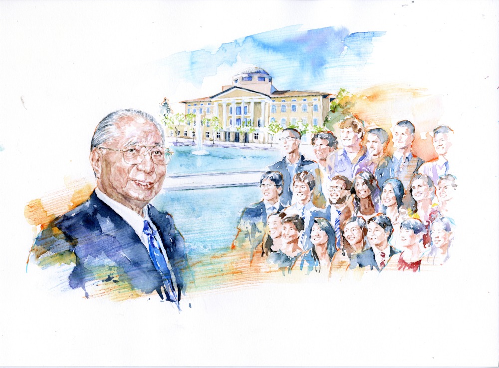 Watercolor art of Daisaku Ikeda in front of Peace Lake and Founders Hall with a group of students at his side