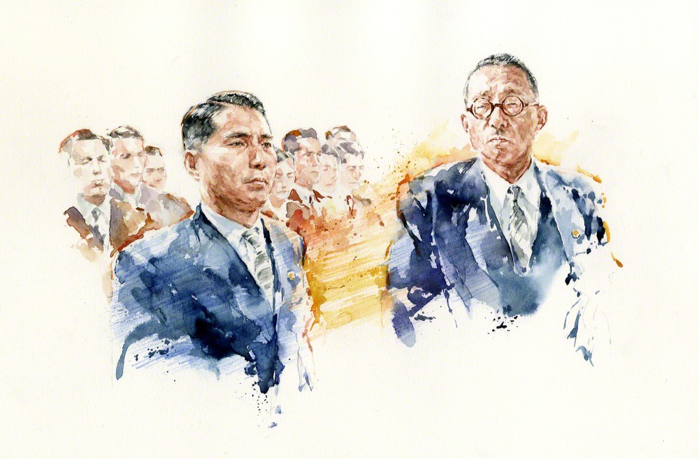 Watercolor art of Daisaku Ikeda on the left and Josei Toda on the right