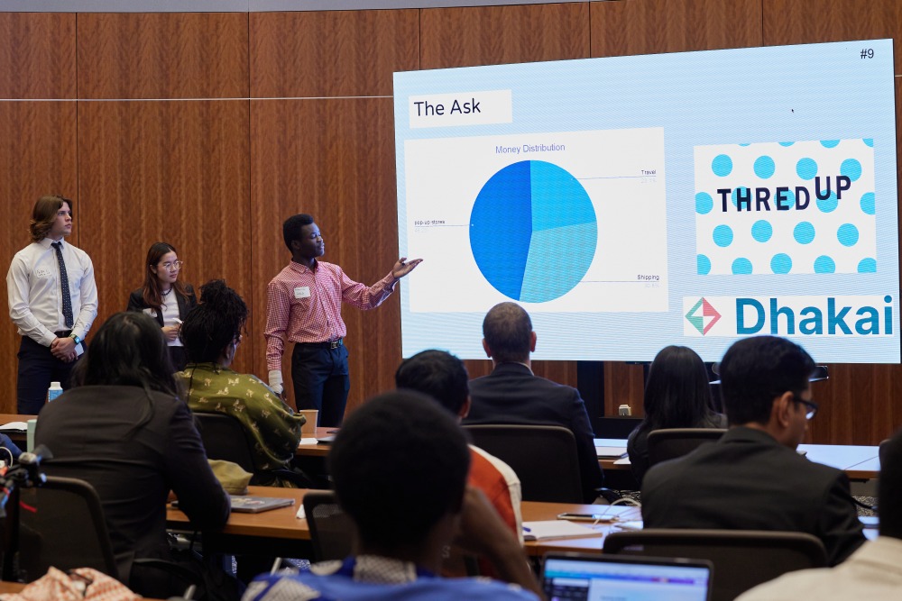 A team addresses issues related to sustainable fashion during their pitch to Impactathon’s judges