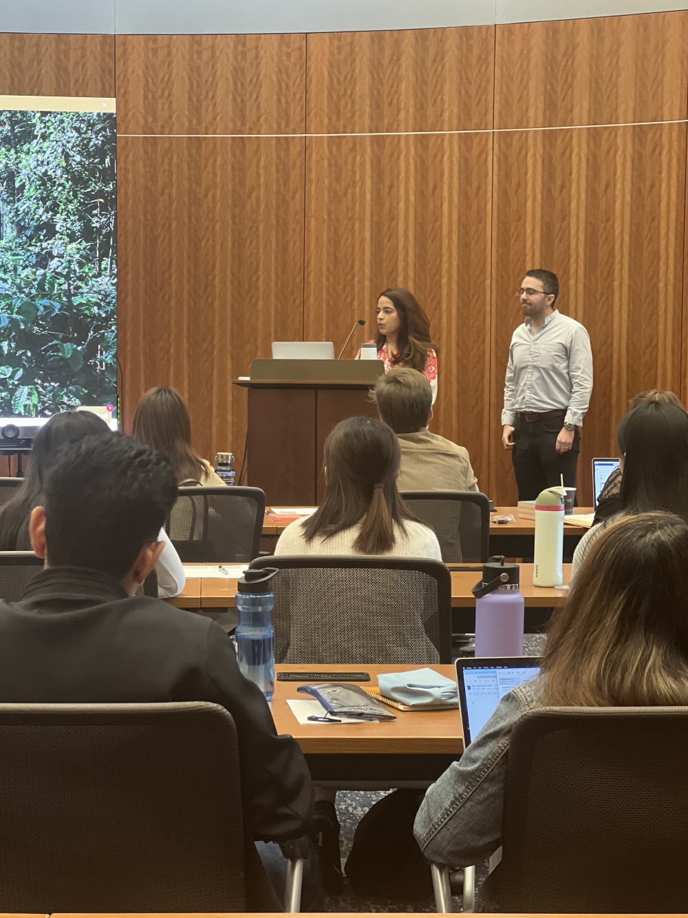 Soka alumna Nandini Puri ‘12  and co-founder Andrew Bawdon of Beej Farms present during the 2023 Impactathon