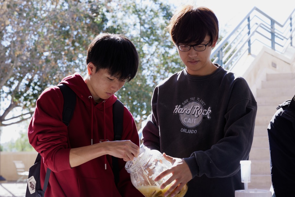 A student reaches into a jar with chopsticks while another student holds the jar.