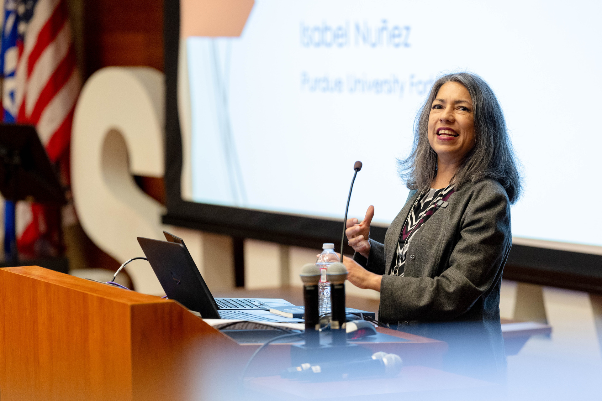 Dr. Isabel Nuñez speaks during a university talk at SUA