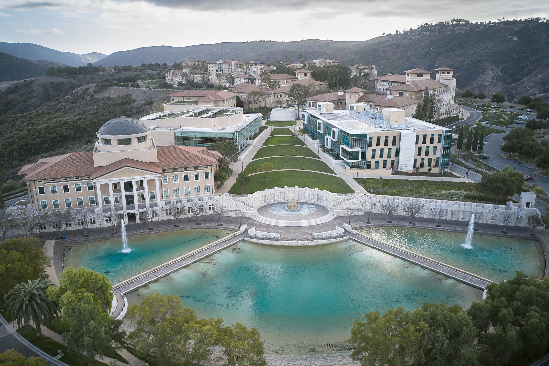 Aerial view of Soka's campus during dusk