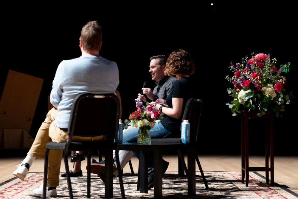 A panel including Hilary Mason, Casey Newton and Kevin Roose take turns speaking during a Critical Conversations event at SUA.