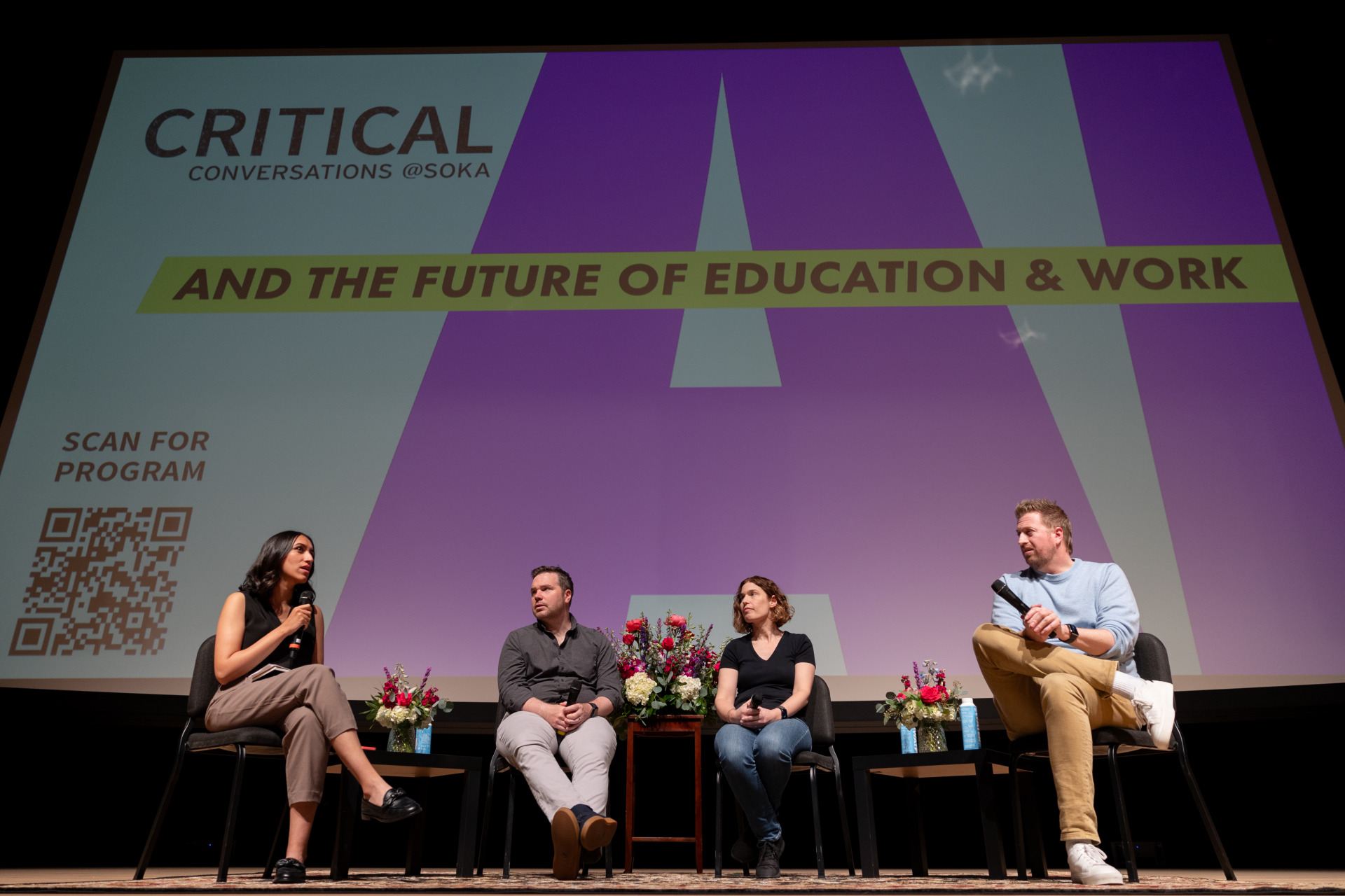 Jihii Jolly interviews a panel including Hilary Mason, Casey Newton and Kevin Roose during a Critical Conversations event at SUA.