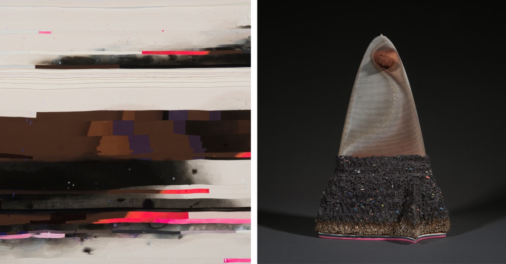 Left: Man, Machine and Bug, 2024, Ceramic and Epoxy, 10 x 15 x 22 inches | Right: Sombra, 2022, acrylic and fabric, sewn and stretched, 60 x 80 inches