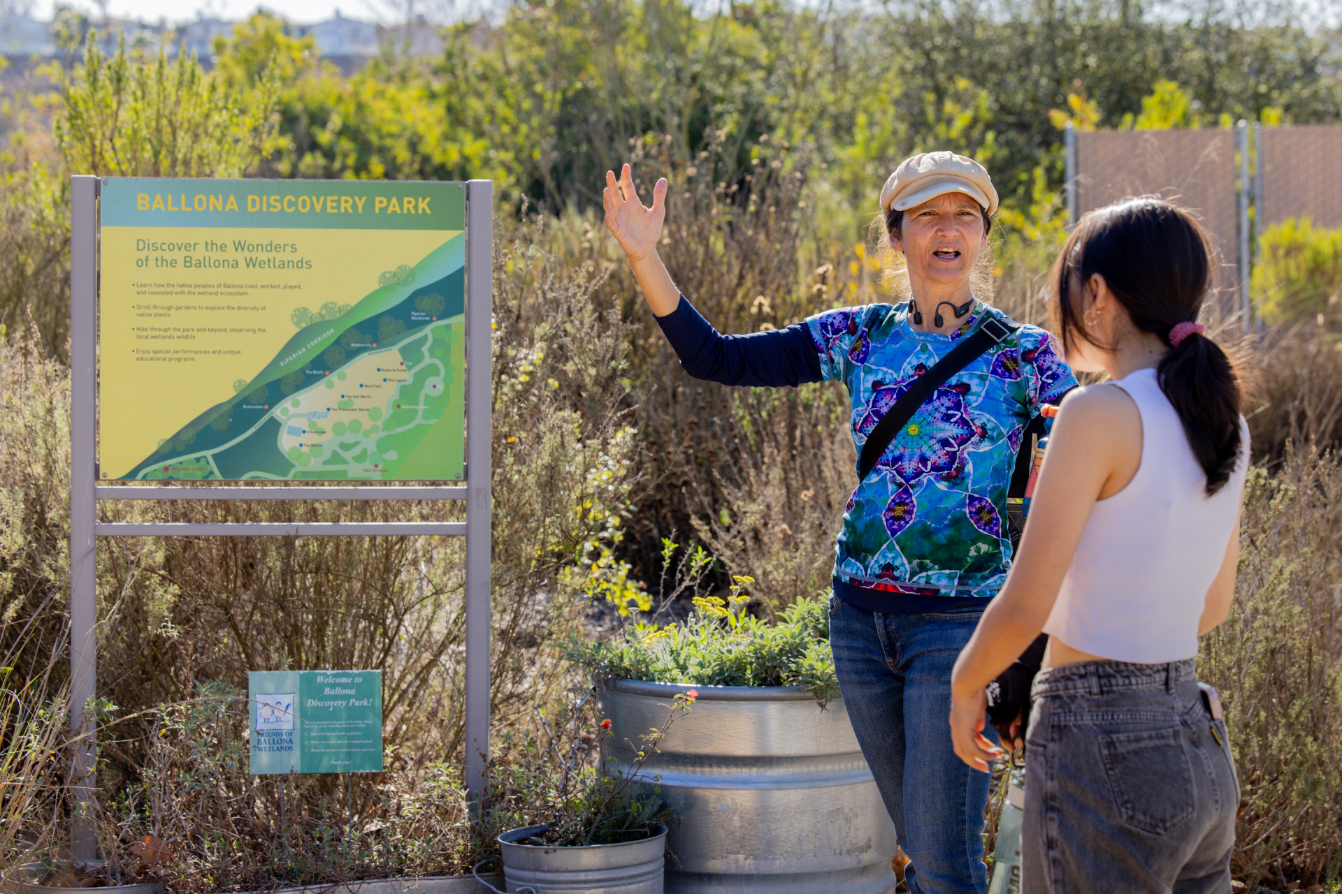 Deike Peters speaks to a student during a field trip to Ballona Discovery Park.