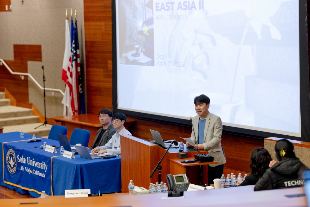 Professor of Asian Studies Dongyoun Hwang kicks off the first formal session of the second Peace and Reconciliation in East Asia symposium.