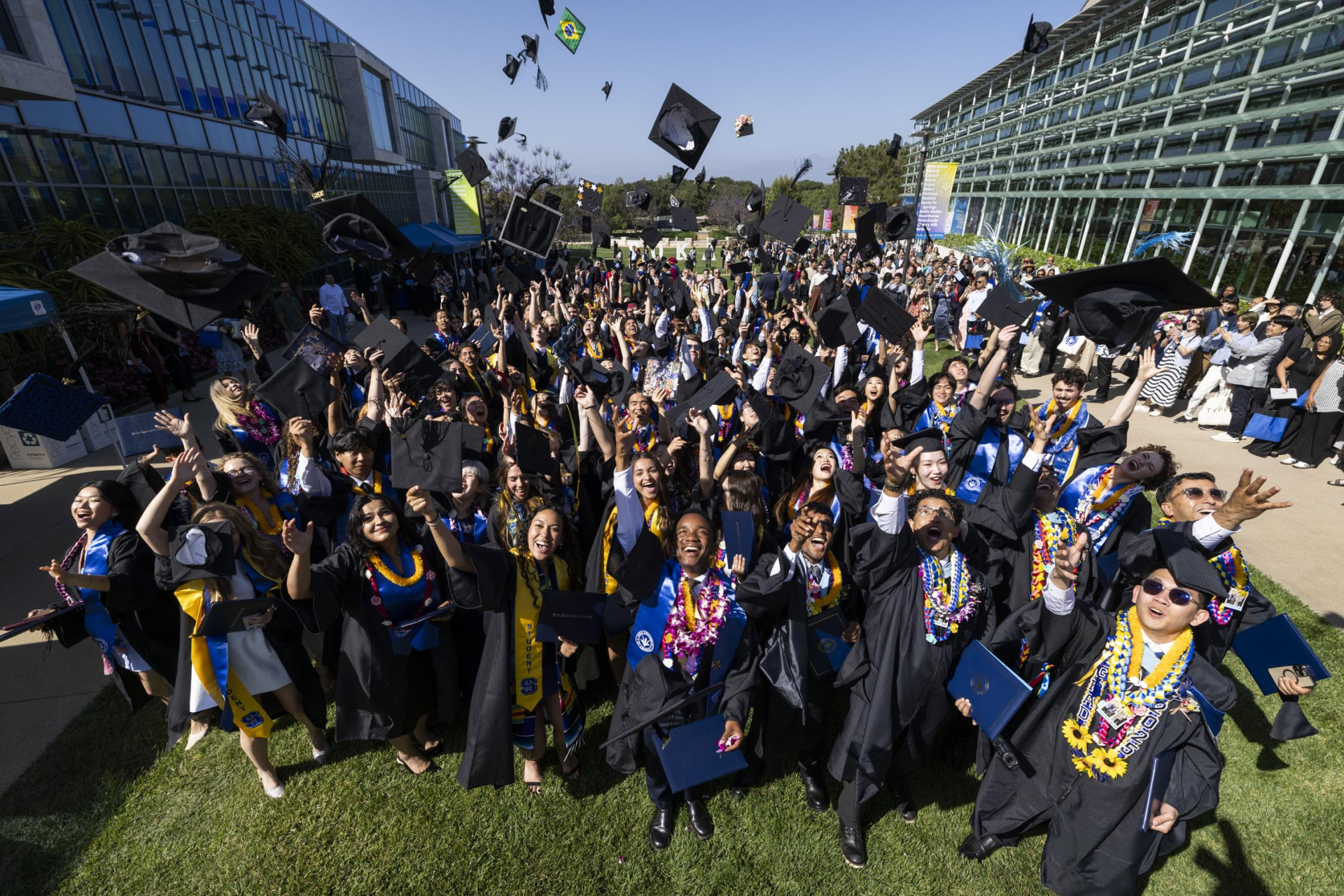 SUA's Class of 2025 smile and throw their caps in the air after commencement.