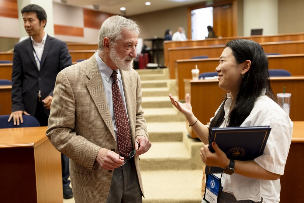  Mana Makabe ’26 talks with Helfand after the closing ceremony on June 13.