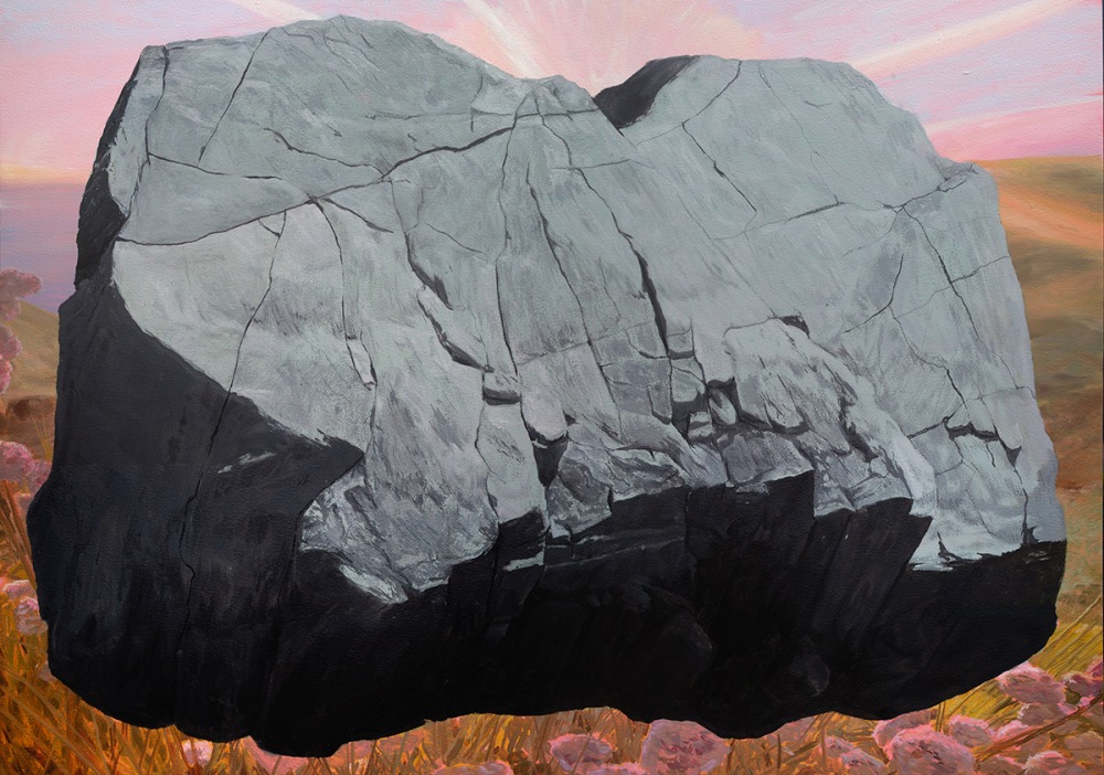 Artwork by Dallin L. Moe, colored pencil and oil drawing of a grey boulder