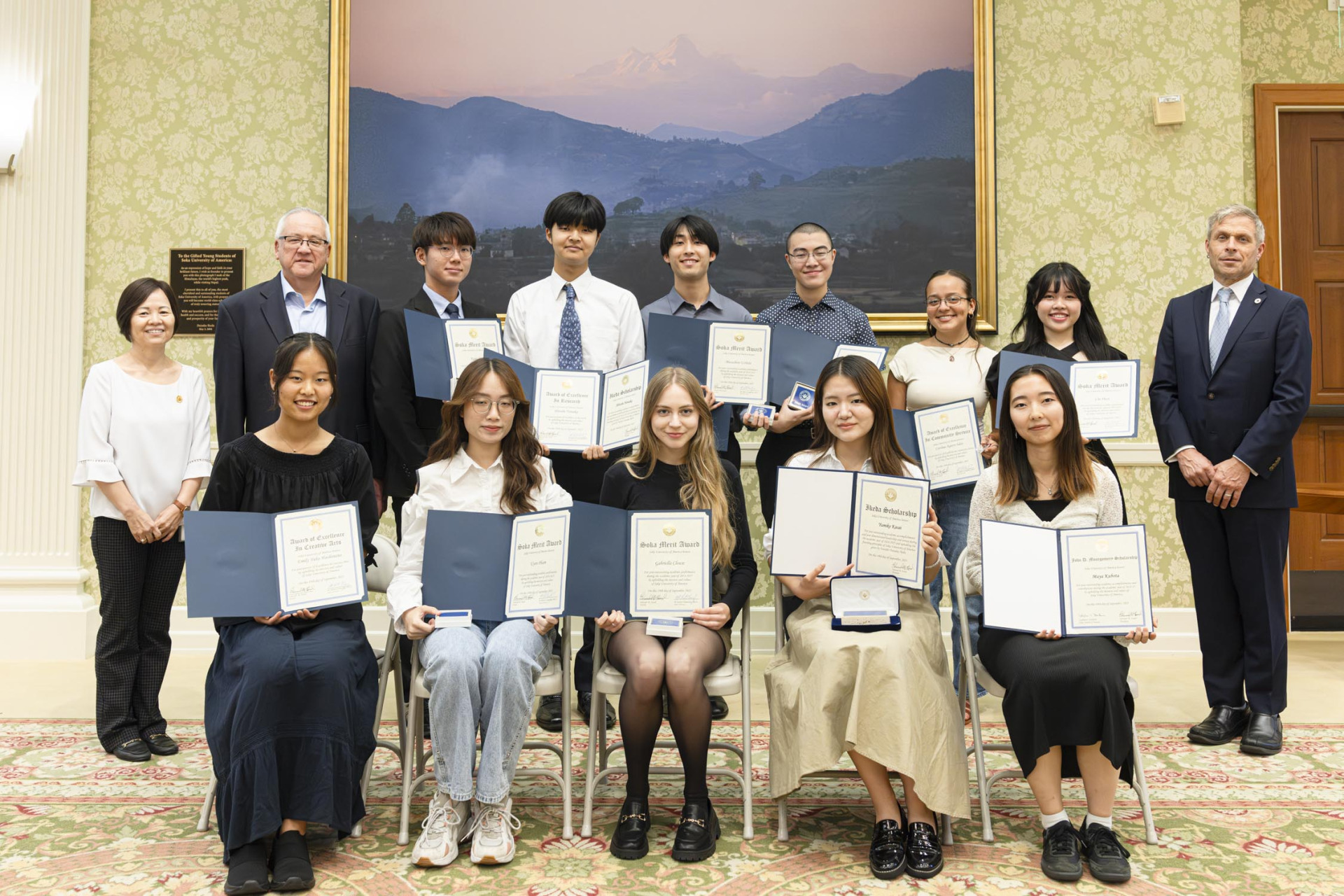 2025 Academic Award winning SUA students pose in Founders Hall with Dean of Students Hyon Moon, President Ed Feasel, and Dean of Faculty Robert Hamersley.