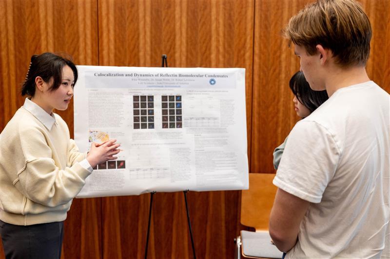 A young woman presents a scientific poster on an easel to two other students at a Capstone presentation.