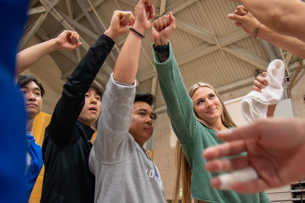 Three men and one woman hold their arms up in a huddle.
