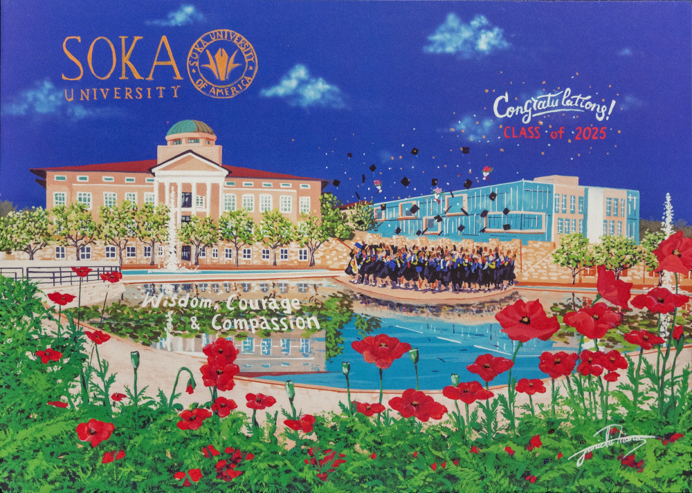 Painting of Founders Hall, Curie Hall, and Peace Lake with red flowers in front and Soka's graduating class wearing their gowns and throwing their caps.
