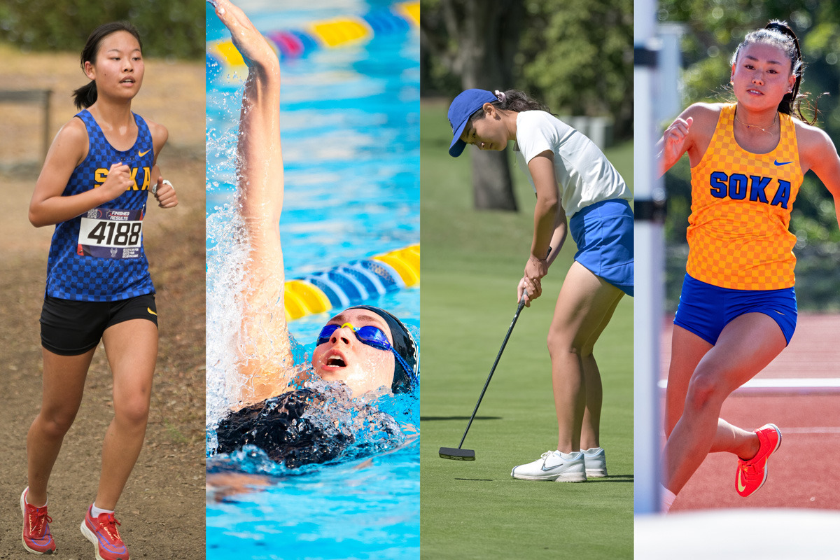 Composite image of a female cross country runner racing along a dirt trail, a swimmer doing backstroke, a female golfer putting, and a female track athlete mid-stride..