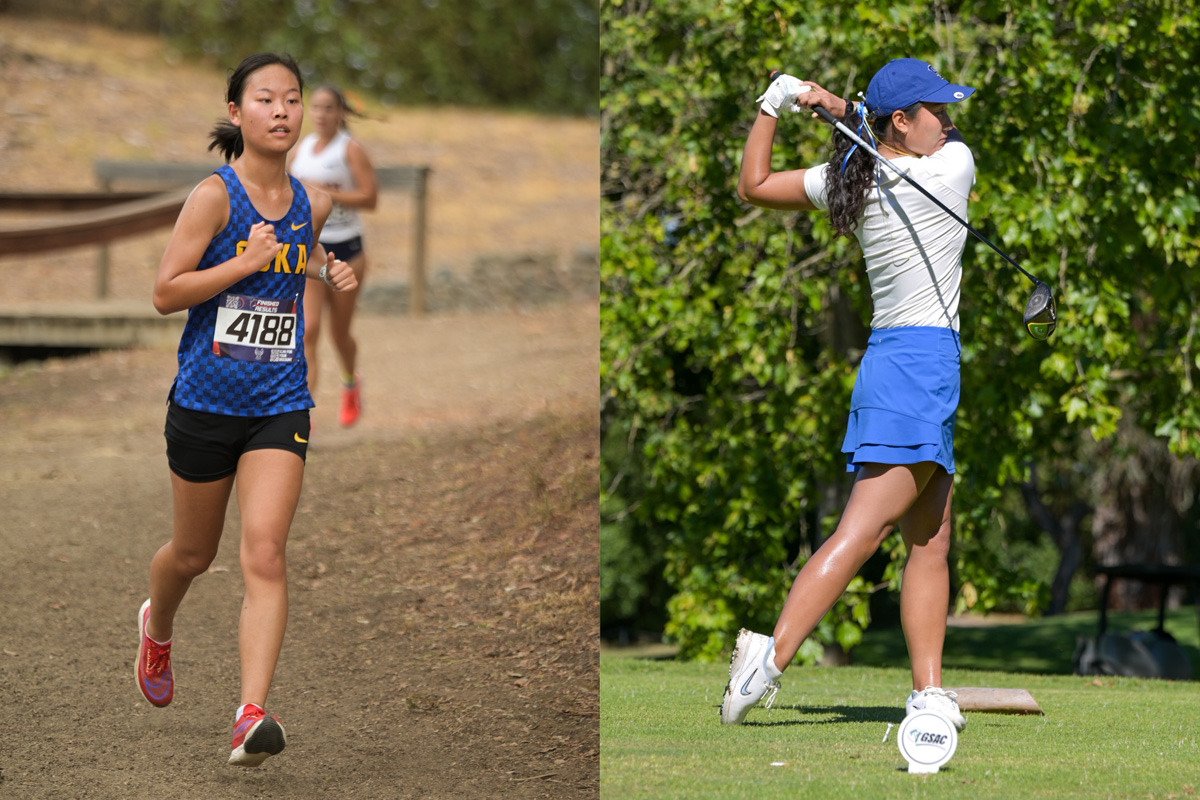 Composite image of a female cross country runner wearing a blue checkered tank top and black running shorts racing along a dirt trail and a female golfer wearing a white shirt, blue skort and hat holding her backswing on a golf course.