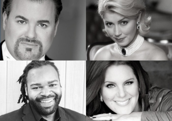 Collage image with Bruce Sledge, Tenor, Milena Kitic, Mezzo-Soprano, Julie Makerov, Soprano, Aaron Pendleton, Bass-Baritone
