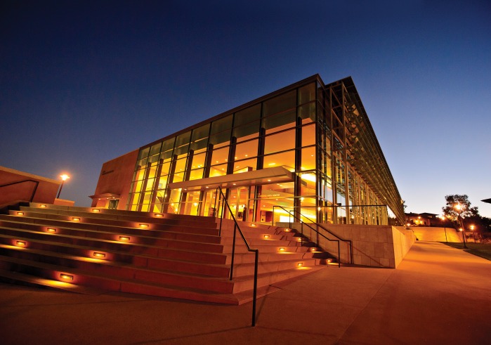 Exterior of Soka Performing Arts Center at twilight